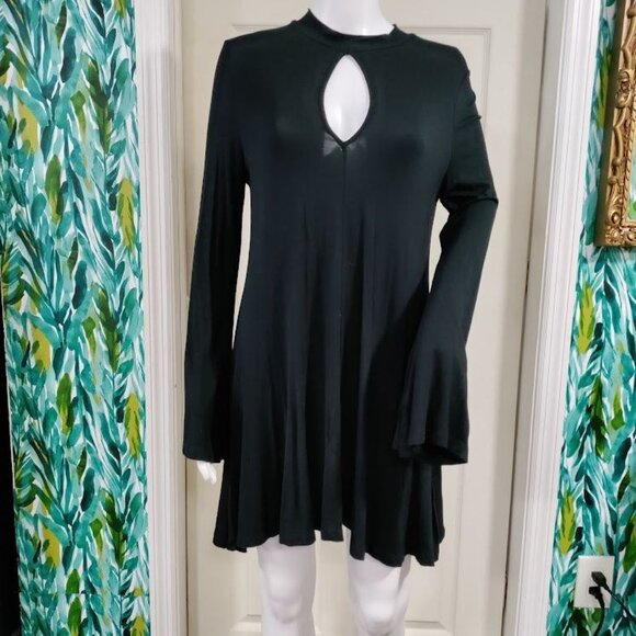 Gypsy Warrior Long Sleeve Keyhole Mock Neck Mini Dress Black Women's Size M - Picture 2 of 10